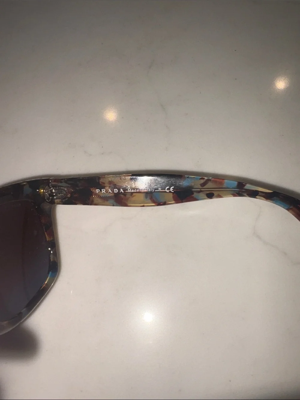 Prada Multicolor Patterned Acetate Sunglasses - Blue, Brown, Gold Accents - Picture 5 of 15